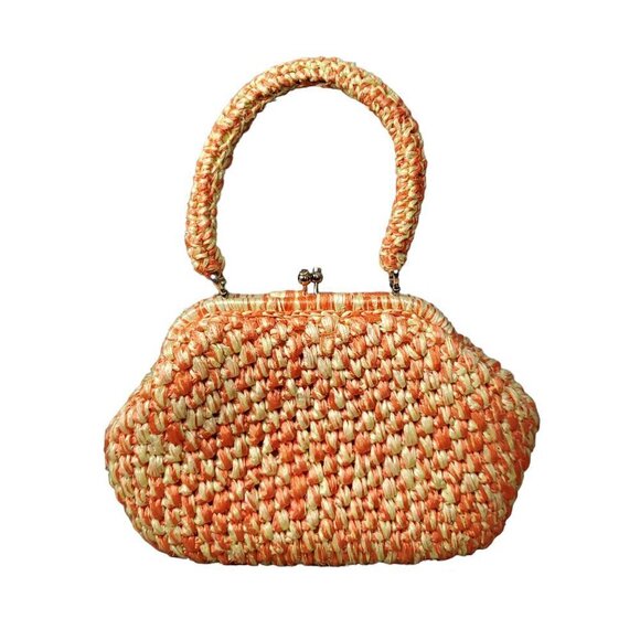 Vintage 1950s 1960s Orange And Yellow Crochet Raffia Handbag Purse - Picture 1 of 13